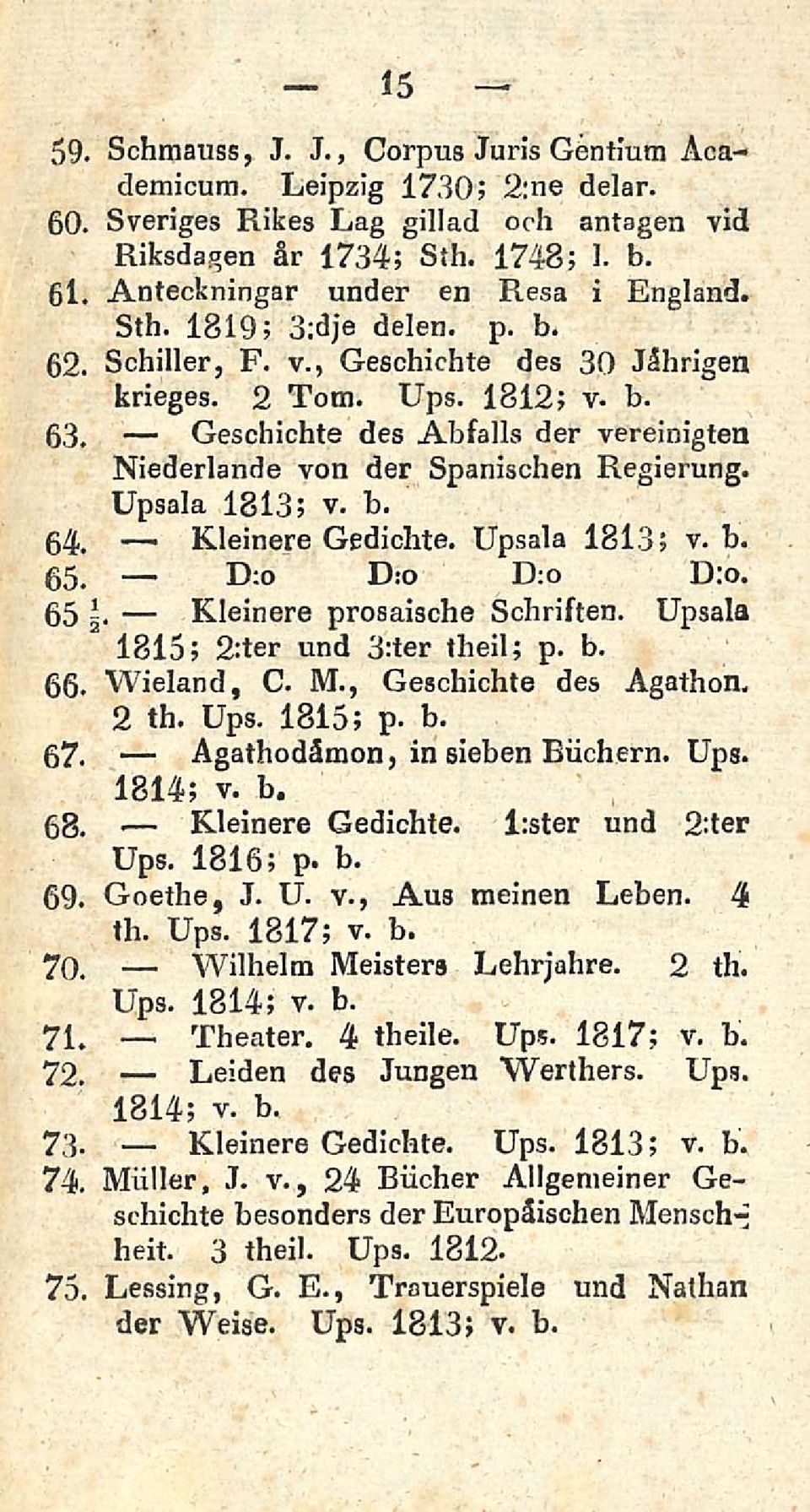 Geschichte des Åbfalls der vereinigtea Niederlande von der Spanischen Regierung. Upsala 1813; v. b. 64. Gedichte. Upsala 1813; v. b. 65. D:o D:o D:o D;o. 65 Kleinere prosaische Schriften.