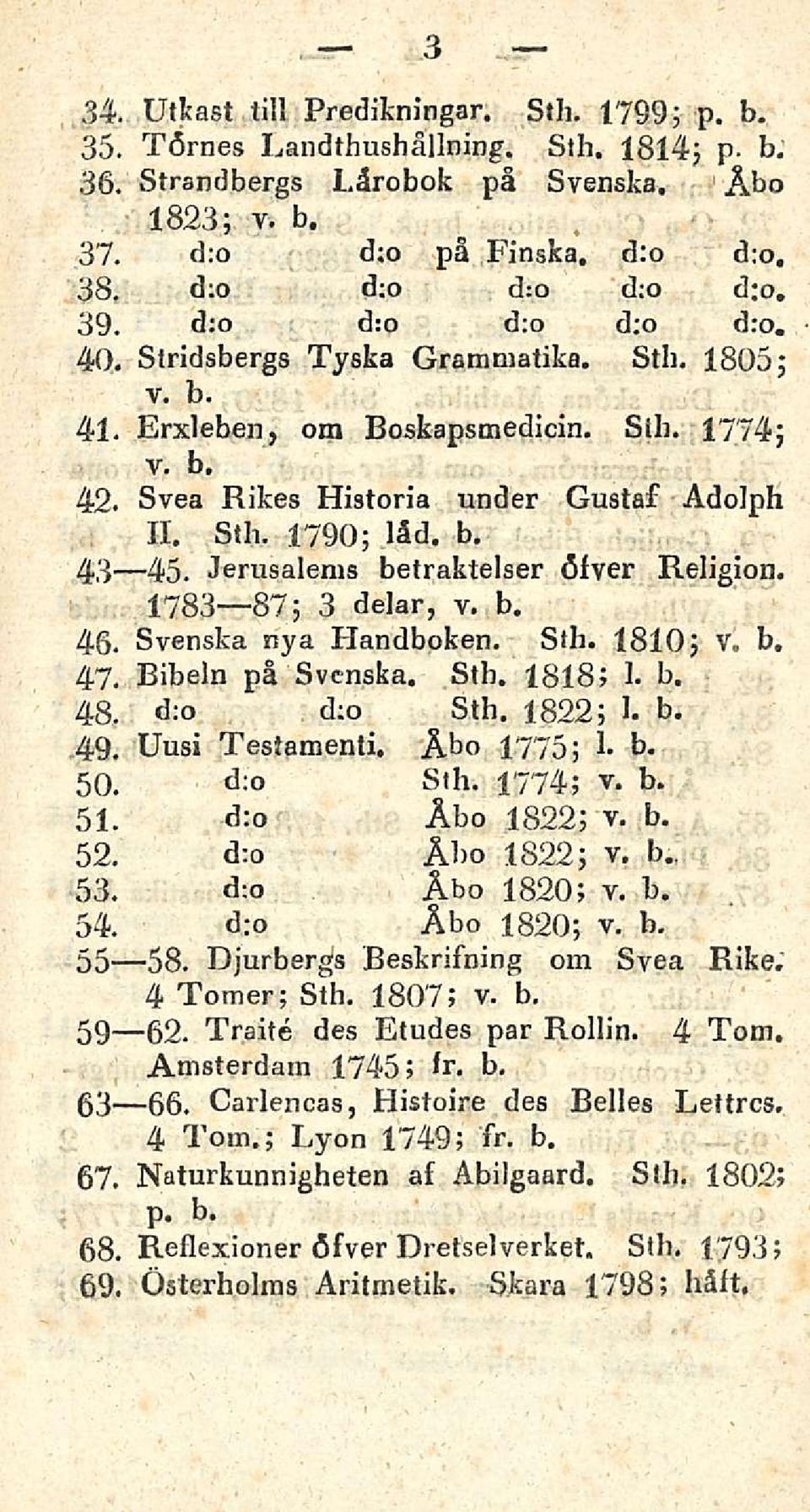 Svea Rikes Historia under Gustaf Adolph 11. Sth. 1790; läd, b. 43 45. Jerusalems betraktelser öfver Religion. 1783 87; 3 delar, v. b. 46. Svenska nya Handboken. Sth. 1810; V. b, 47. Bibeln på Svenska.