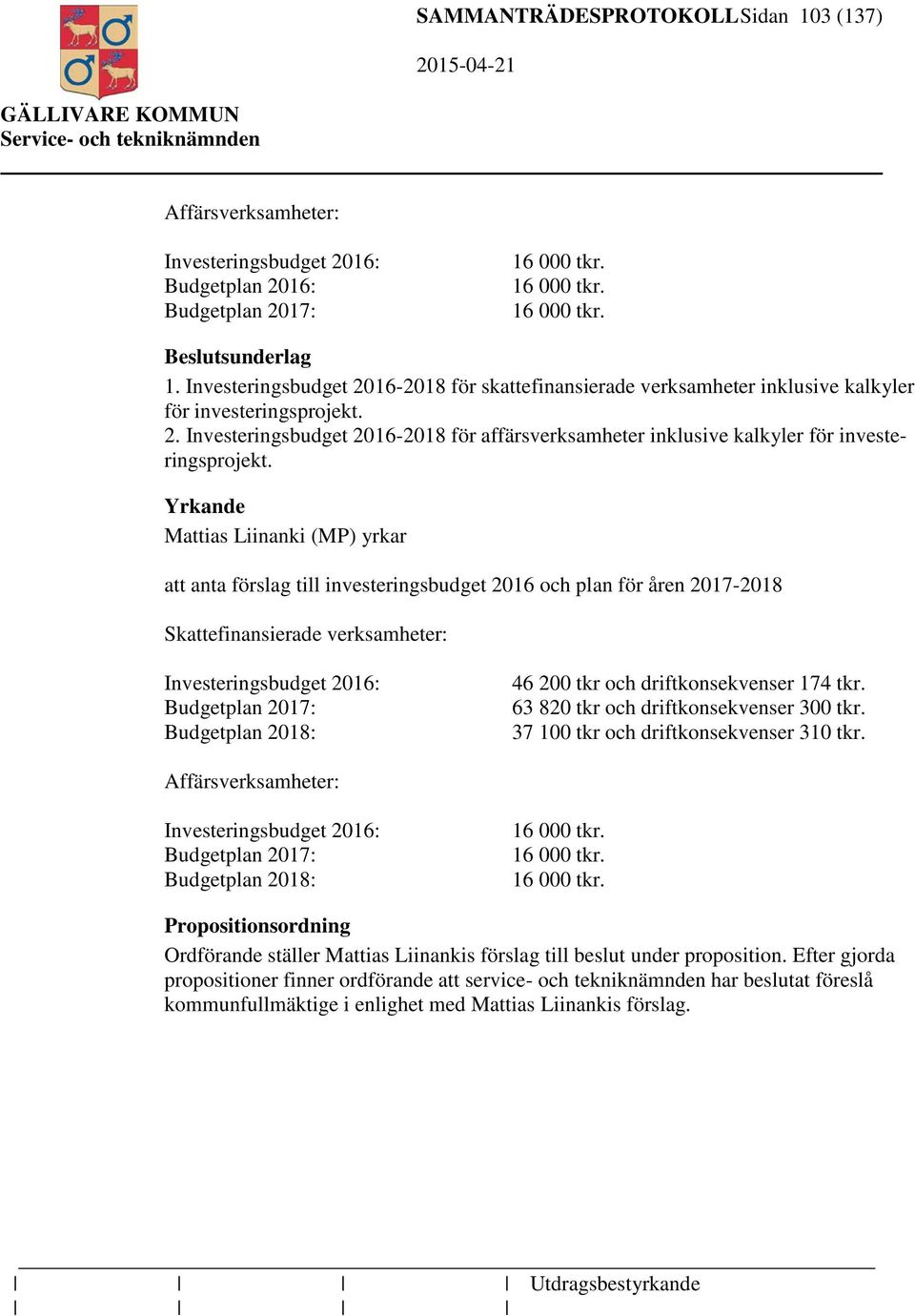 Yrkande Mattias Liinanki (MP) yrkar att anta förslag till investeringsbudget 2016 och plan för åren 2017-2018 Skattefinansierade verksamheter: Investeringsbudget 2016: Budgetplan 2017: Budgetplan