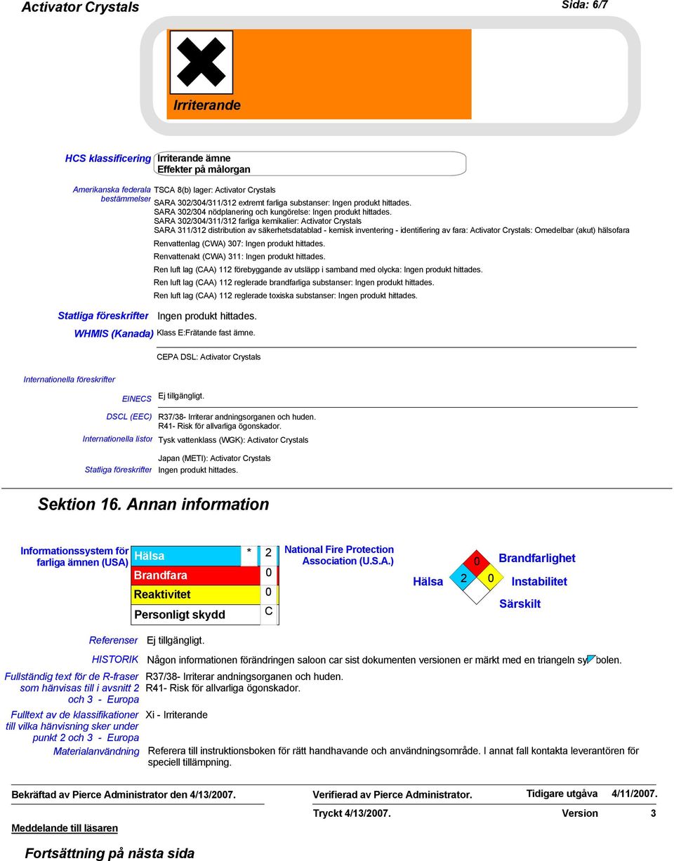 SARA 302/304/311/312 farliga kemikalier: Activator Crystals SARA 311/312 distribution av säkerhetsdatablad - kemisk inventering - identifiering av fara: Activator Crystals: Omedelbar (akut) hälsofara