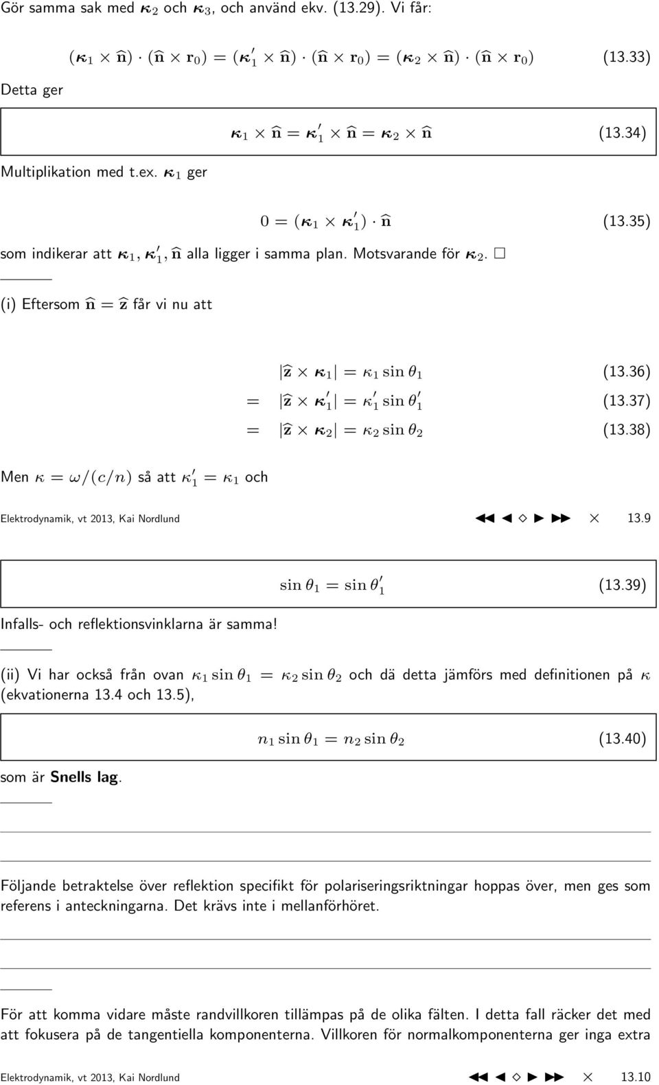 37) = ẑ κ 2 = κ 2 sin θ 2 (13.38) Men κ = ω/(c/n) så att κ 1 = κ 1 och Elektrodynamik, vt 2013, Kai Nordlund 13.9 Infalls- och reflektionsvinklarna är samma! sin θ 1 = sin θ 1 (13.