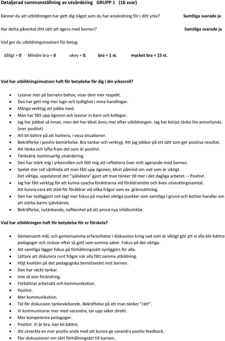 Vad har utbildningsinsatsen haft för betydelse för dig i din yrkesroll? Lyssnar mer på barnens behov, visar dem mer respekt. Den har gett mig mer lugn och tydlighet i mina handlingar.