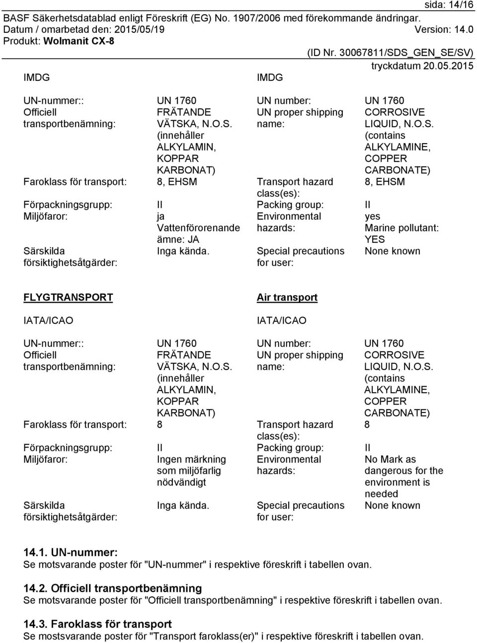 Environmental hazards: YES Särskilda försiktighetsåtgärder: Inga kända.