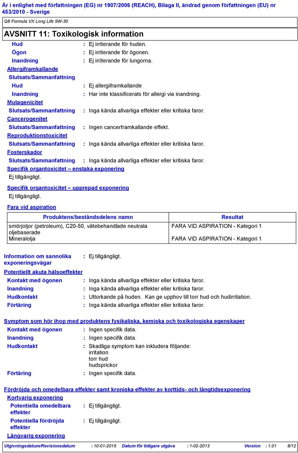 Specifik organtoxicitet upprepad exponering Fara vid aspiration Har inte klassificerats för allergi via inandning.