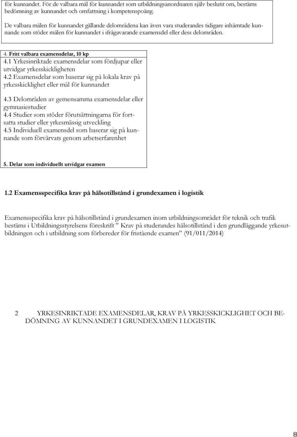 Fritt valbara examensdelar, 10 kp 4.1 Yrkesinriktade examensdelar som fördjupar eller utvidgar yrkesskickligheten 4.