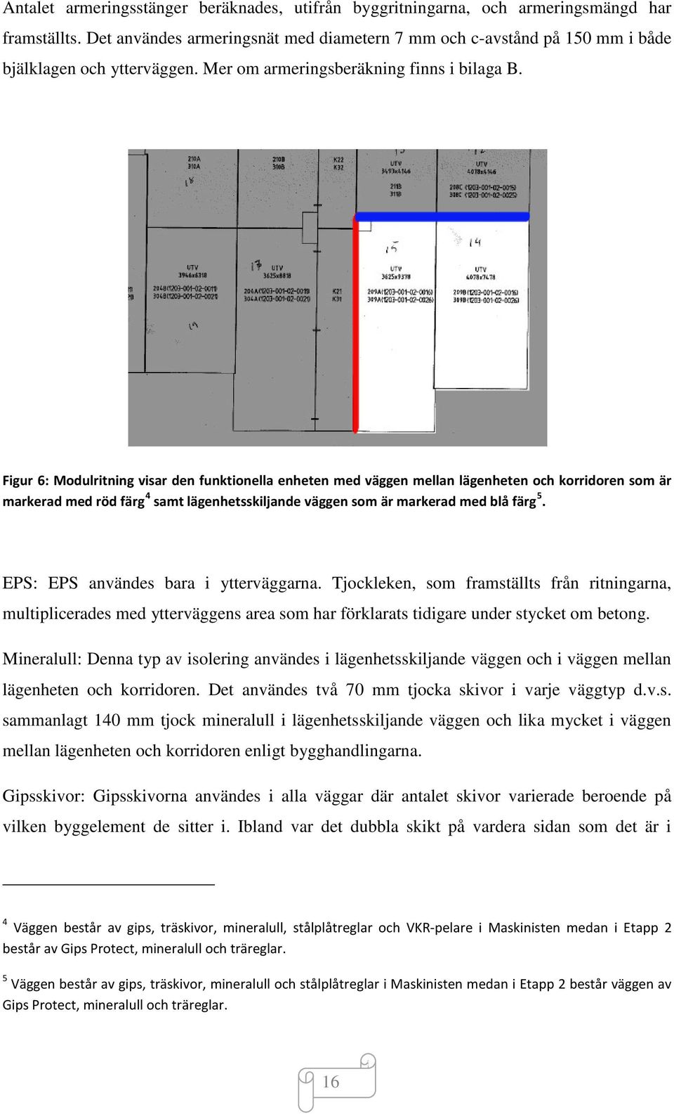 Figur 6: Modulritning visar den funktionella enheten med väggen mellan lägenheten och korridoren som är markerad med röd färg 4 samt lägenhetsskiljande väggen som är markerad med blå färg 5.