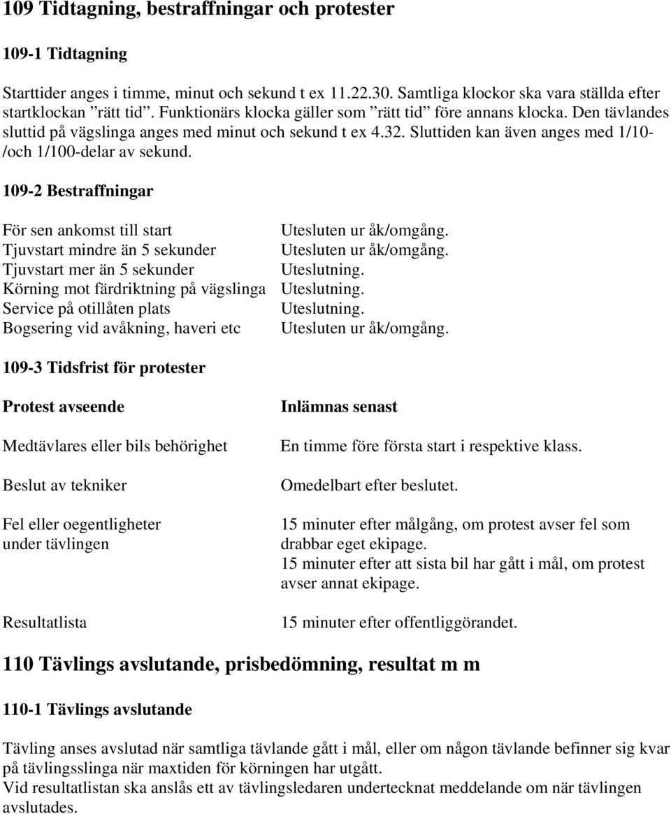 109-2 Bestraffningar För sen ankomst till start Utesluten ur åk/omgång. Tjuvstart mindre än 5 sekunder Utesluten ur åk/omgång. Tjuvstart mer än 5 sekunder Uteslutning.