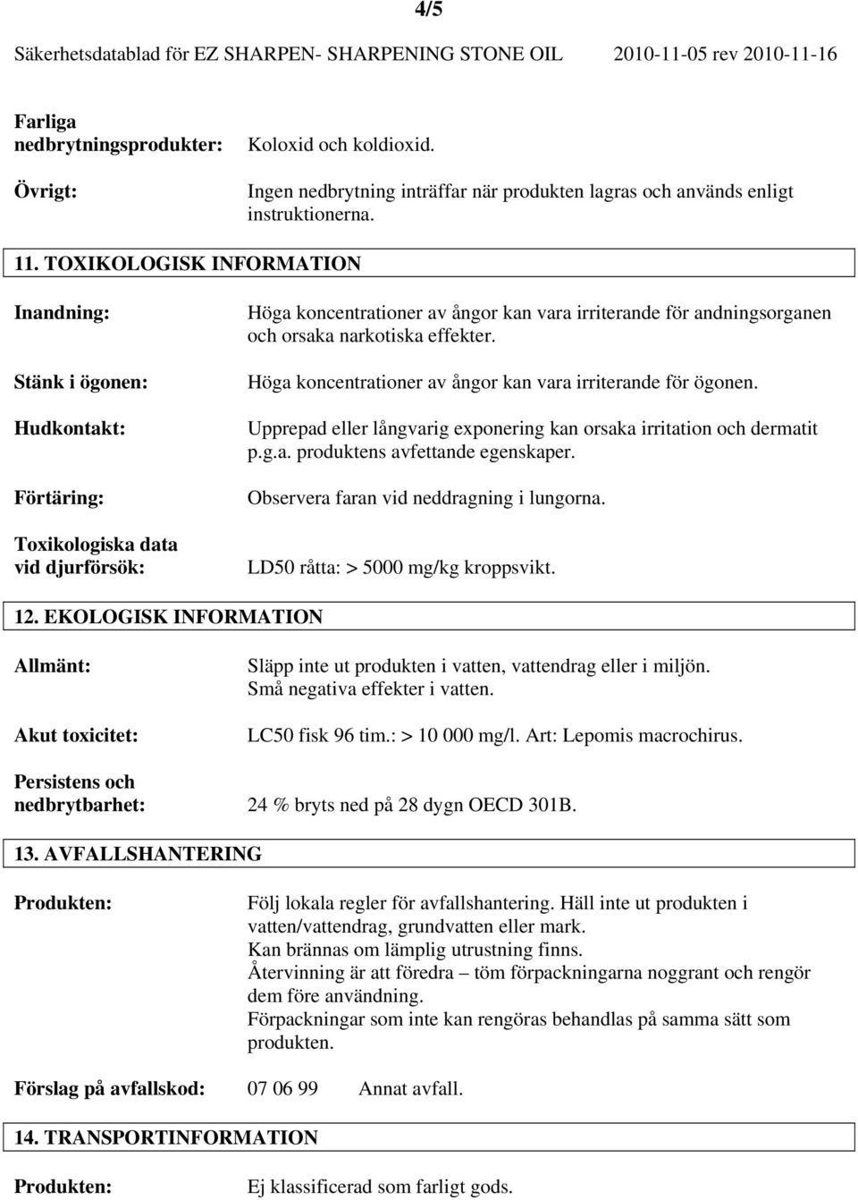 Höga koncentrationer av ångor kan vara irriterande för ögonen. Upprepad eller långvarig exponering kan orsaka irritation och dermatit p.g.a. produktens avfettande egenskaper.