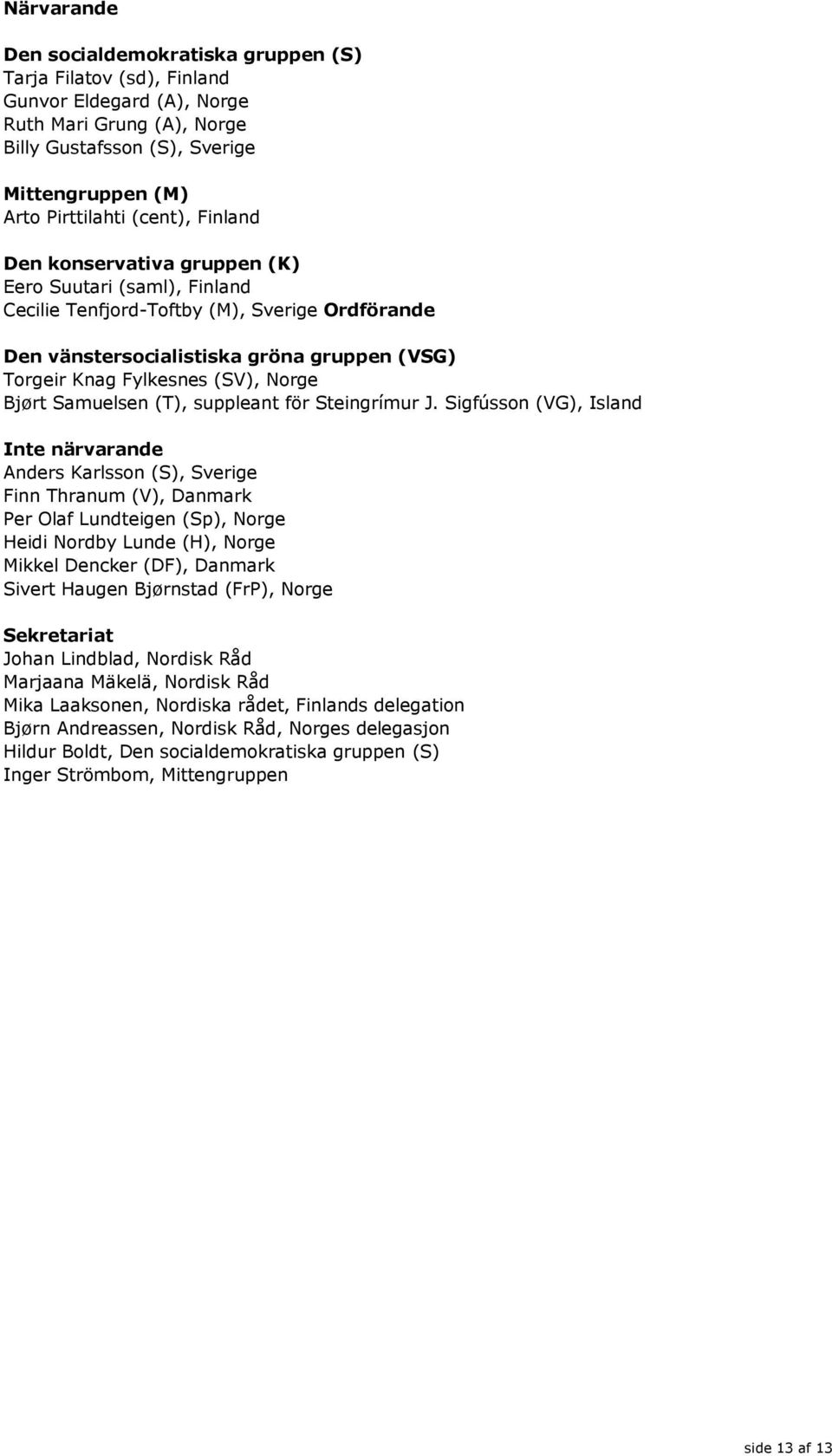 Norge Bjørt Samuelsen (T), suppleant för Steingrímur J.