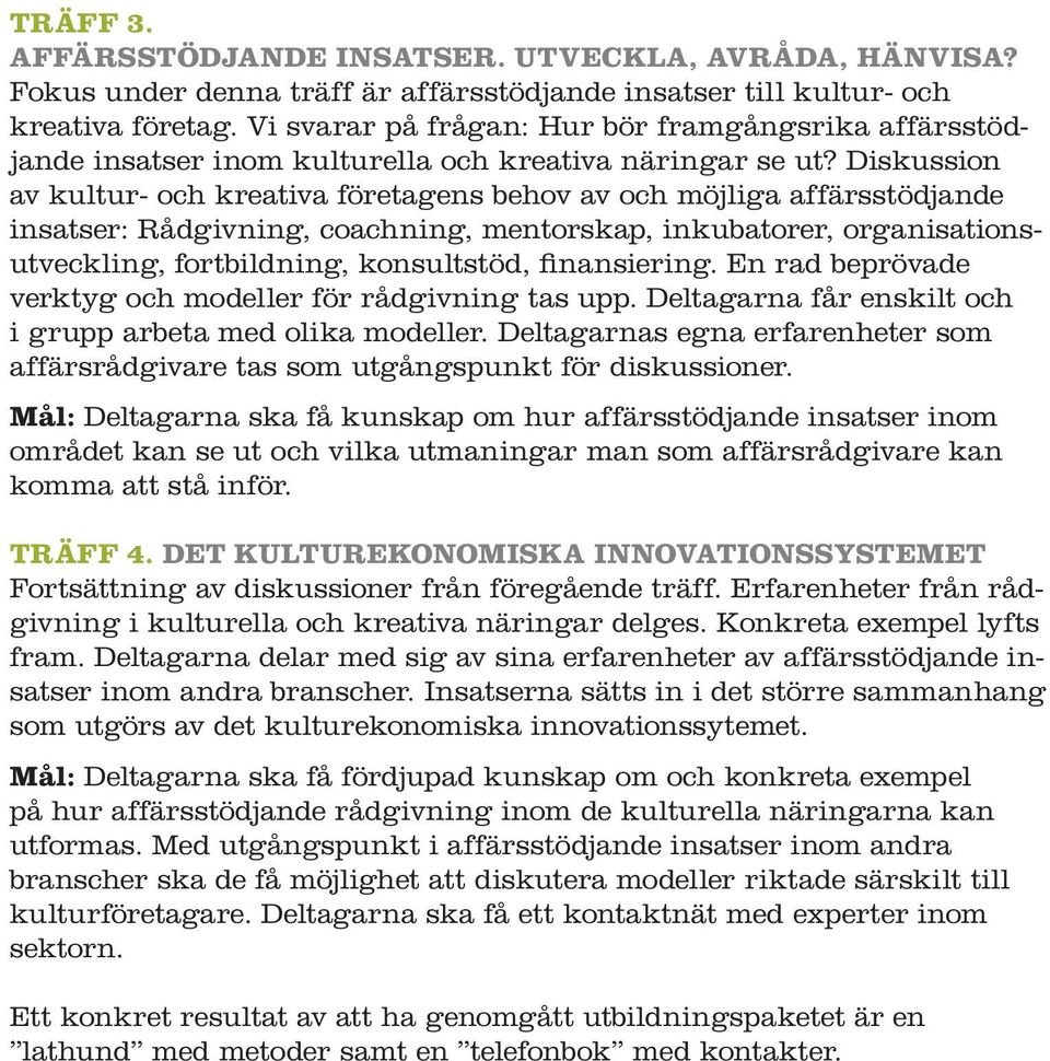 Diskussion av kultur- och kreativa företagens behov av och möjliga affärsstödjande insatser: Rådgivning, coachning, mentorskap, inkubatorer, organisationsutveckling, fortbildning, konsultstöd,