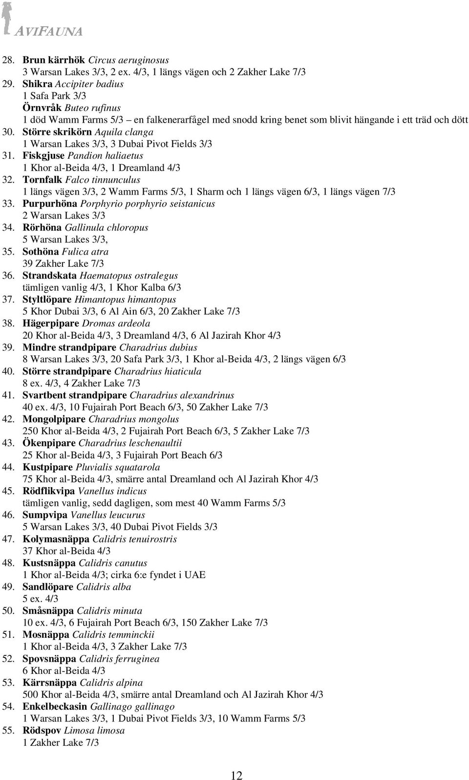 Större skrikörn Aquila clanga 1 Warsan Lakes 3/3, 3 Dubai Pivot Fields 3/3 31. Fiskgjuse Pandion haliaetus 1 Khor al-beida 4/3, 1 Dreamland 4/3 32.