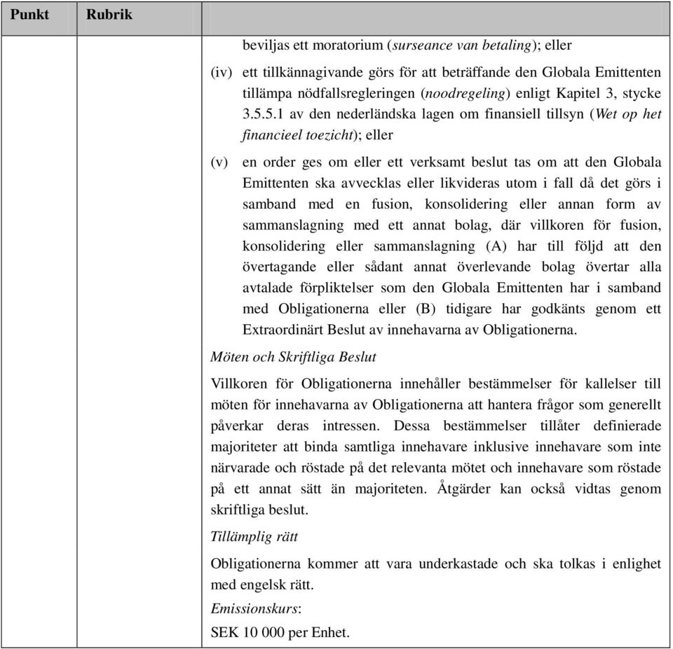 5.1 av den nederländska lagen om finansiell tillsyn (Wet op het financieel toezicht); eller (v) en order ges om eller ett verksamt beslut tas om att den Globala Emittenten ska avvecklas eller