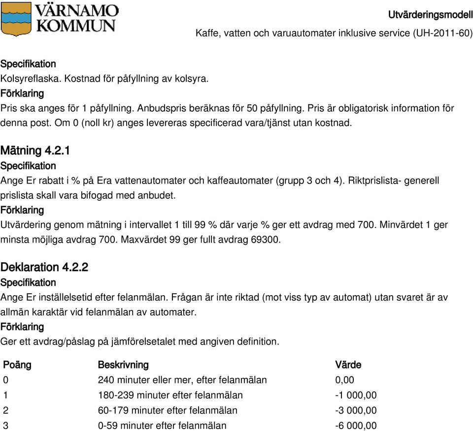 Utvärdering genom mätning i intervallet 1 till 99 % där varje % ger ett avdrag med 700. Minvärdet 1 ger minsta möjliga avdrag 700. Maxvärdet 99 ger fullt avdrag 69300. Deklaration 4.2.