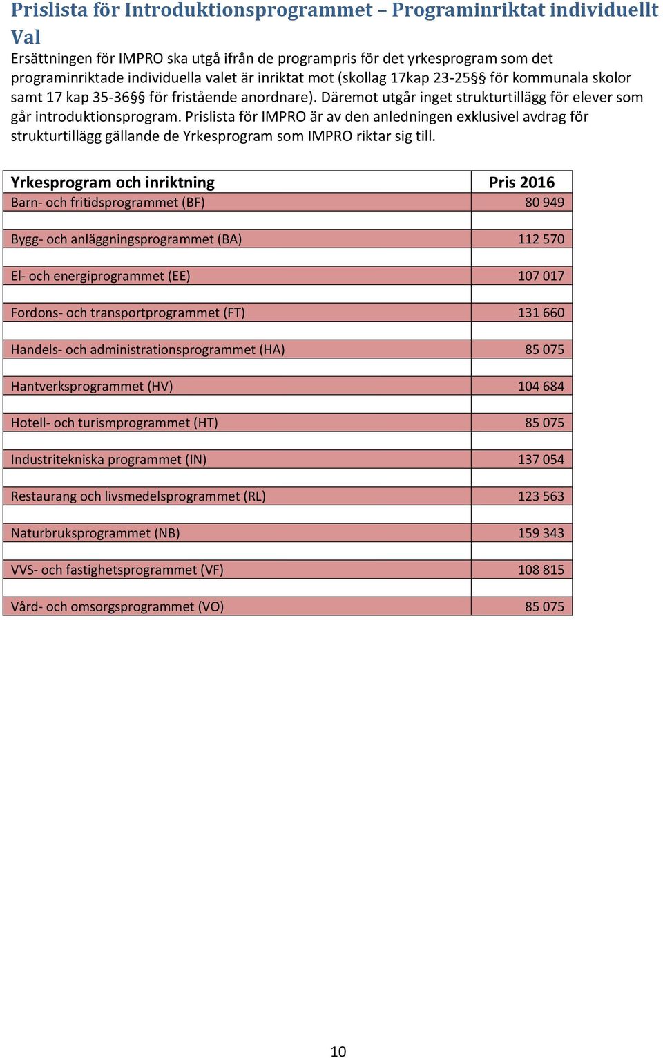 Prislista för IMPRO är av den anledningen exklusivel avdrag för strukturtillägg gällande de Yrkesprogram som IMPRO riktar sig till.