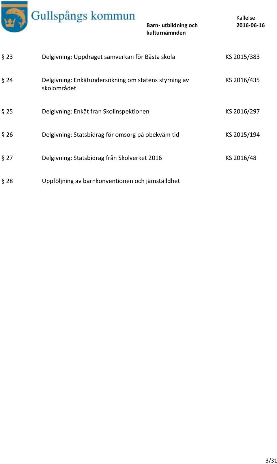 Skolinspektionen KS 2016/297 26 Delgivning: Statsbidrag för omsorg på obekväm tid KS 2015/194