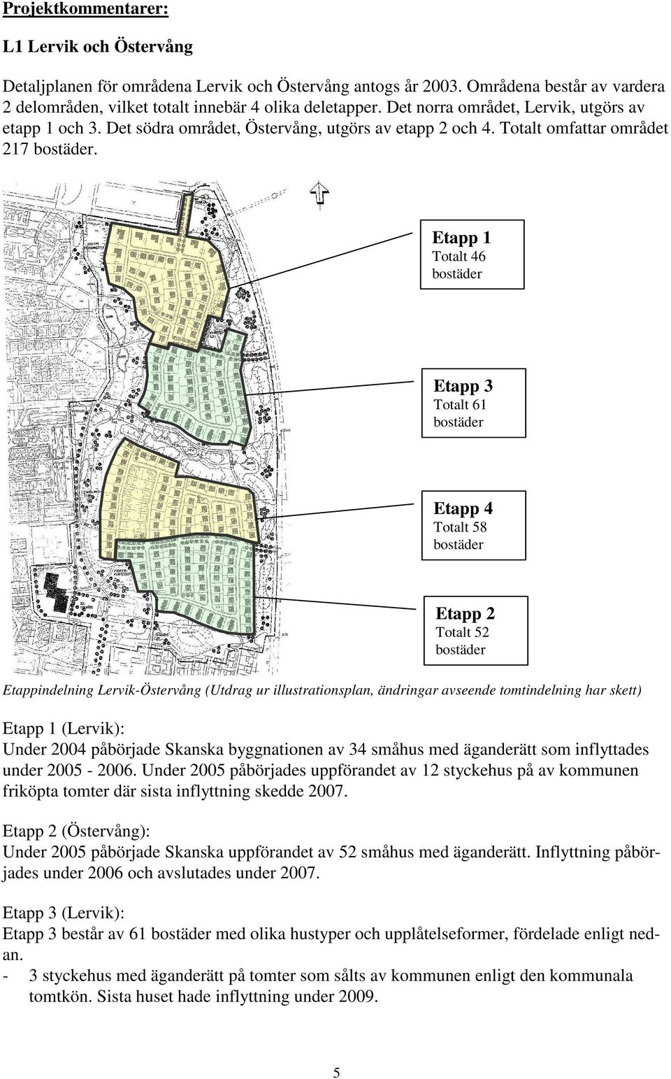 Etapp 1 Totalt 46 bostäder Etapp 3 Totalt 61 bostäder Etapp 4 Totalt 58 bostäder Etapp 2 Totalt 52 bostäder Etappindelning Lervik-Östervång (Utdrag ur illustrationsplan, ändringar avseende