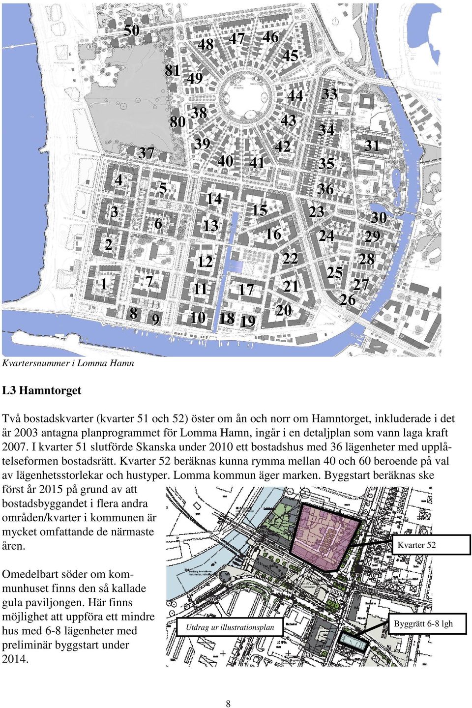 Kvarter 52 beräknas kunna rymma mellan 40 och 60 beroende på val av lägenhetsstorlekar och hustyper. Lomma kommun äger marken.