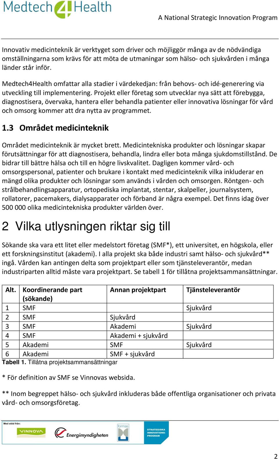 Projekt eller företag som utvecklar nya sätt att förebygga, diagnostisera, övervaka, hantera eller behandla patienter eller innovativa lösningar för vård och omsorg kommer att dra nytta av programmet.