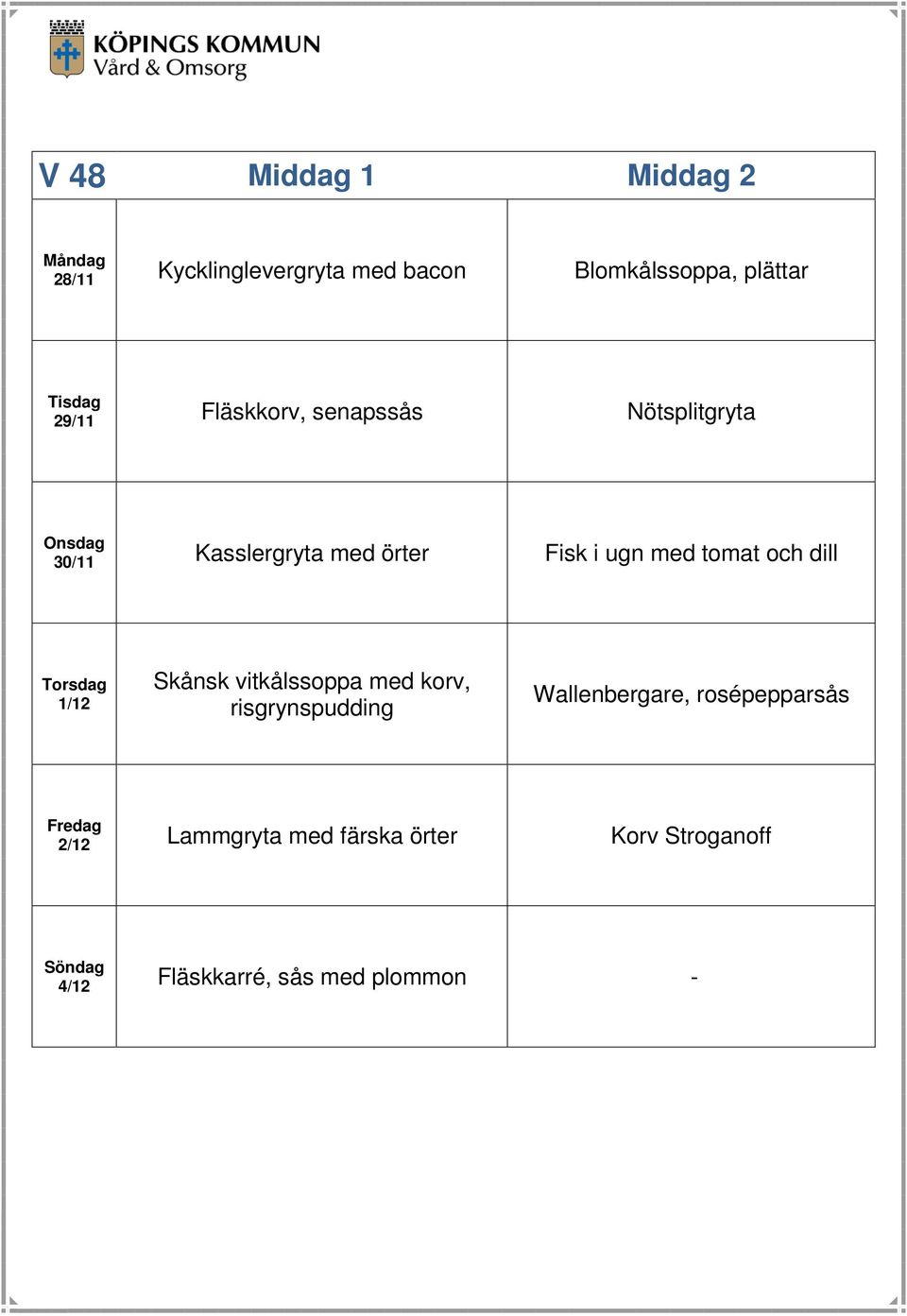 tomat och dill 1/12 Skånsk vitkålssoppa med korv, risgrynspudding Wallenbergare,