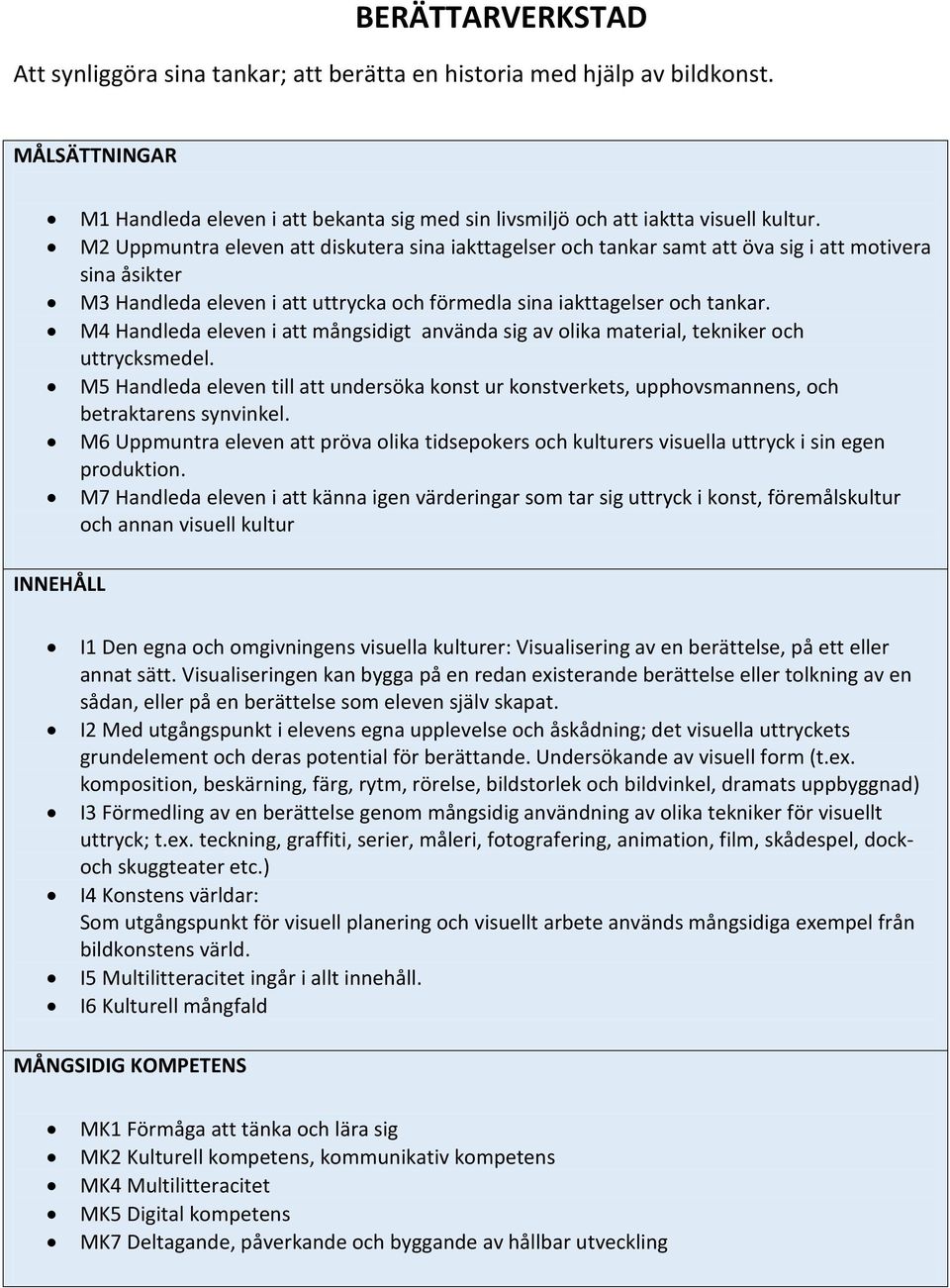 M4 Handleda eleven i att mångsidigt använda sig av olika material, tekniker och uttrycksmedel. M5 Handleda eleven till att undersöka konst ur konstverkets, upphovsmannens, och betraktarens synvinkel.