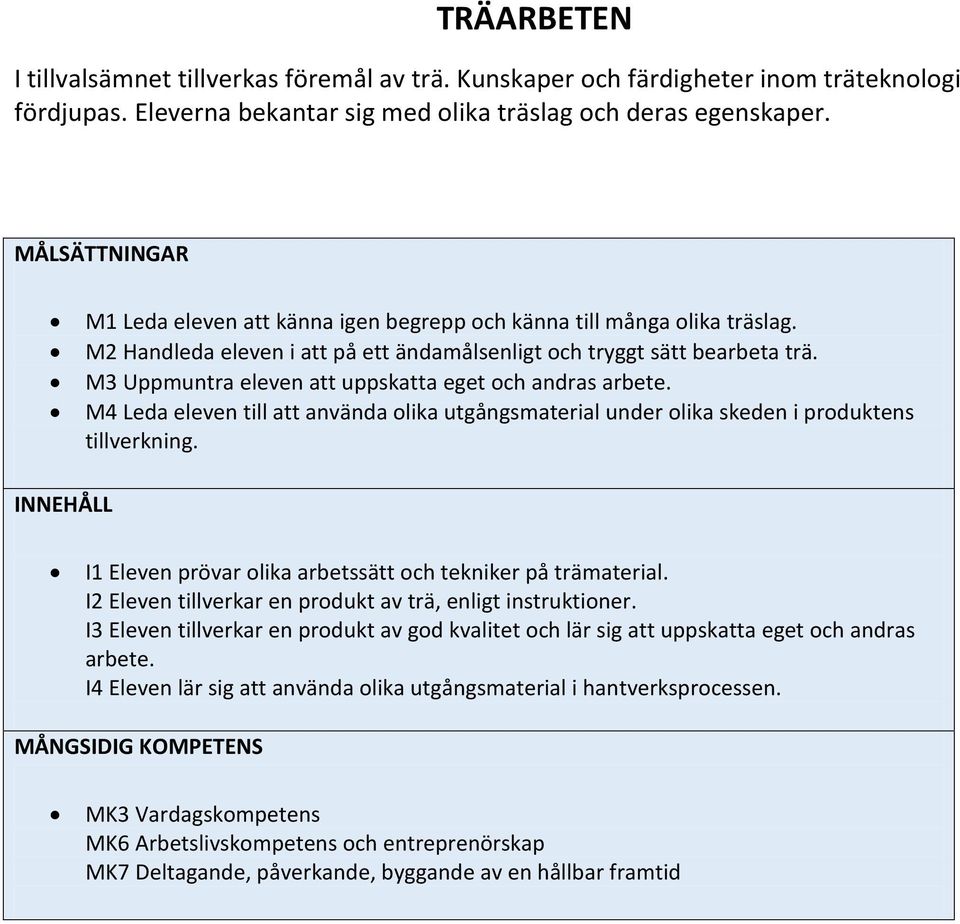 M3 Uppmuntra eleven att uppskatta eget och andras arbete. M4 Leda eleven till att använda olika utgångsmaterial under olika skeden i produktens tillverkning.