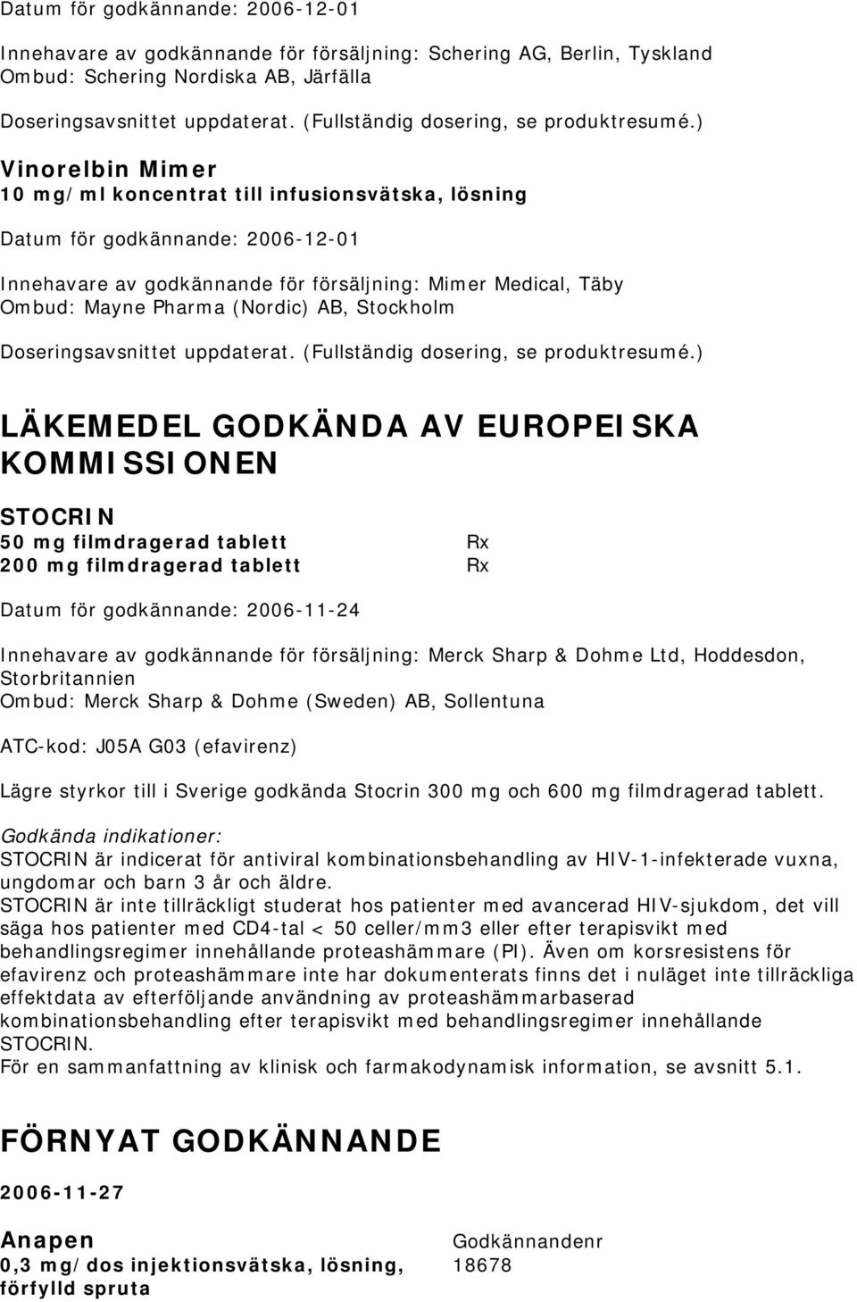 tablett Rx Datum för godkännande: 2006-11-24 Innehavare av godkännande för försäljning: Merck Sharp & Dohme Ltd, Hoddesdon, Storbritannien Ombud: Merck Sharp & Dohme (Sweden) AB, Sollentuna ATC-kod: