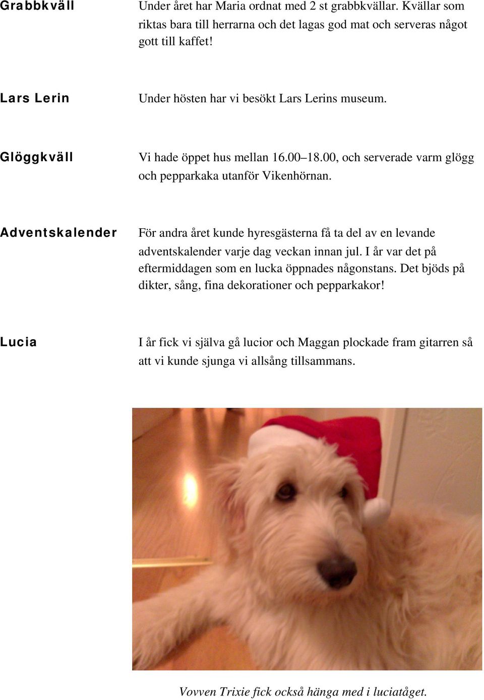 Adventskalender För andra året kunde hyresgästerna få ta del av en levande adventskalender varje dag veckan innan jul. I år var det på eftermiddagen som en lucka öppnades någonstans.