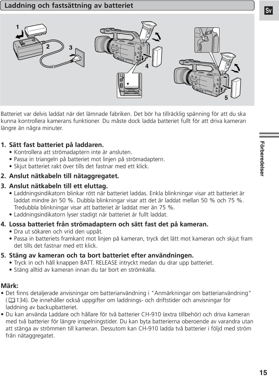 Passa in triangeln på batteriet mot linjen på strömadaptern. Skjut batteriet rakt över tills det fastnar med ett klick. 2. Anslut nätkabeln till nätaggregatet. 3. Anslut nätkabeln till ett eluttag.