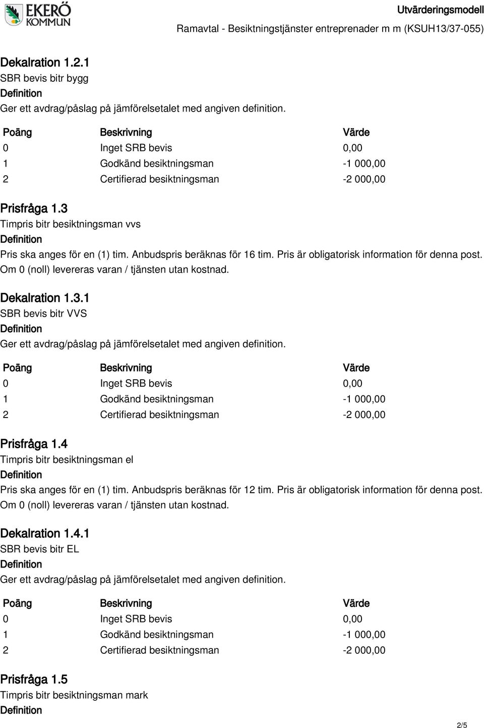 1 SBR bevis bitr VVS Prisfråga 1.4 Timpris bitr besiktningsman el Pris ska anges för en (1) tim.