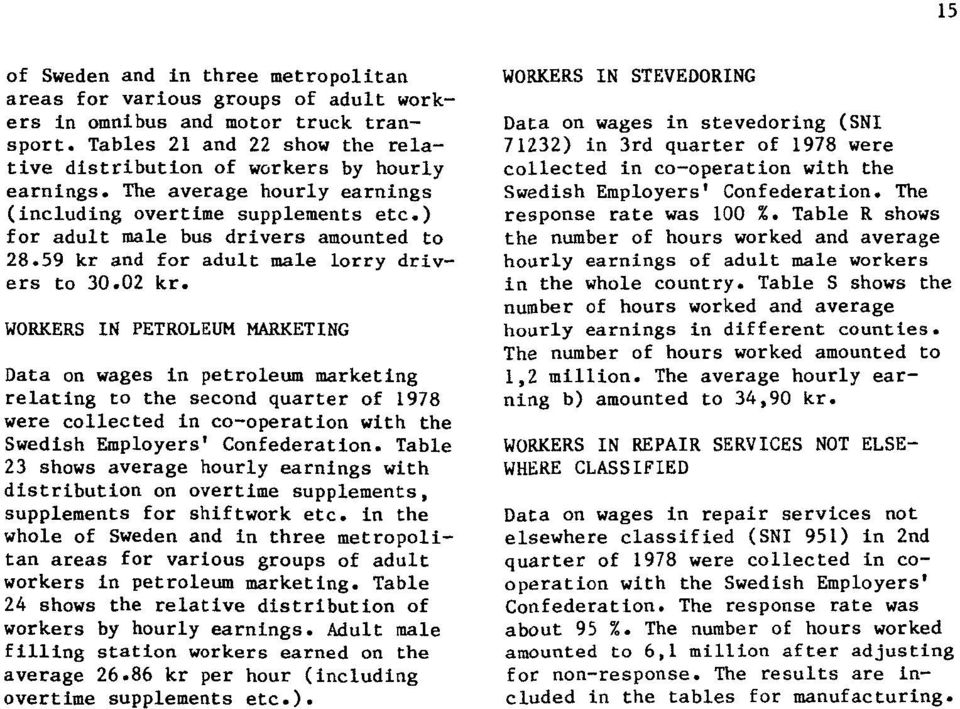 WORKERS IN PETROLEUM MARKETING Data on wages in petroleum marketing relating to the second quarter of 1978 were collected in co-operation with the Swedish Employers' Confederation.