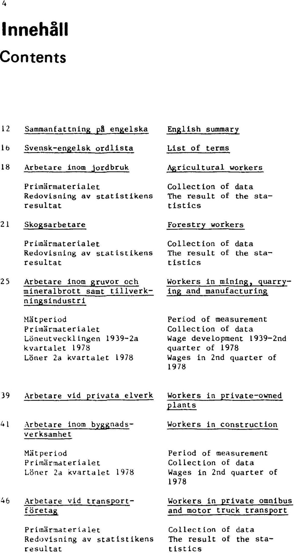 English summary List of terms Agricultural workers Collection of data The result of the statistics Forestry workers Collection of data The result of the statistics Workers in mining, quarrying and