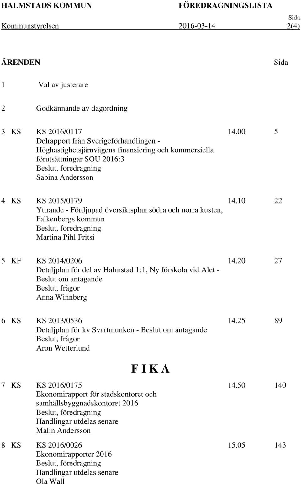 00 5 4 KS KS 2015/0179 Yttrande - Fördjupad översiktsplan södra och norra kusten, Falkenbergs kommun Beslut, föredragning Martina Pihl Fritsi 14.