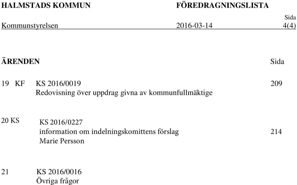 kommunfullmäktige Sida 209 20 KS KS 2016/0227 information om