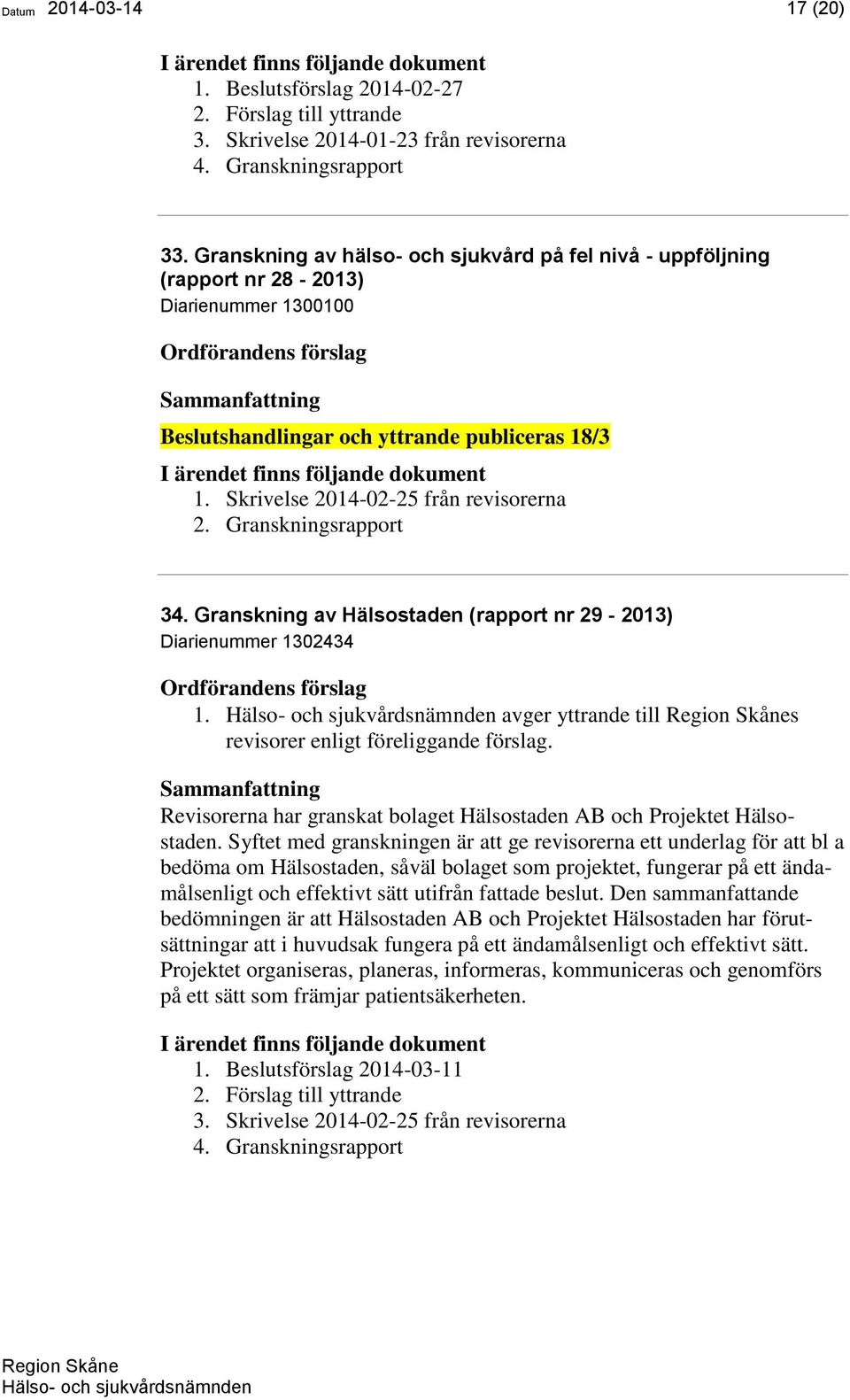 Granskningsrapport 34. Granskning av Hälsostaden (rapport nr 29-2013) Diarienummer 1302434 1. avger yttrande till s revisorer enligt föreliggande förslag.