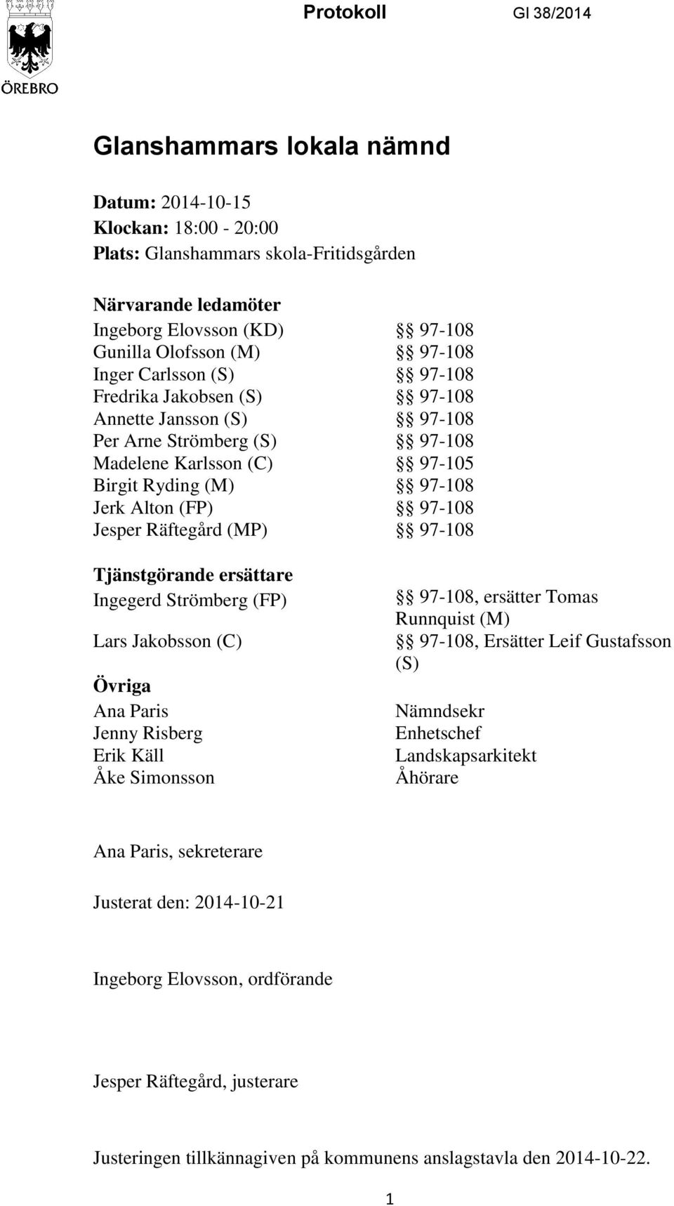 Jesper Räftegård (MP) 97-108 Tjänstgörande ersättare Ingegerd Strömberg (FP) Lars Jakobsson (C) Övriga Ana Paris Jenny Risberg Erik Käll Åke Simonsson 97-108, ersätter Tomas Runnquist (M) 97-108,