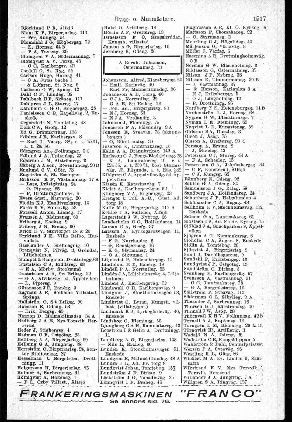 10 Mar enson O Värtavag. 8 i - P A, Tavastg. 30 Jernberg K, Odeng. 26 Möljer J, ~a;.fsg. 6 Blomgren V A, Södermannag. 7 Naseniiis A R, Drottningholmsv%g. Blomqvist A V, Torsg. 48 A Bernh.