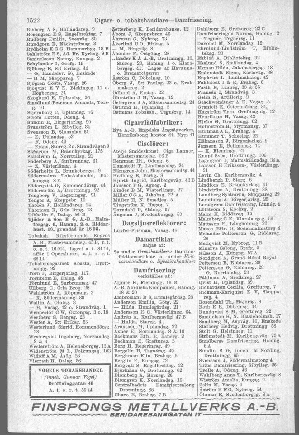 24 Skoglund E, Uplandsg. 26 Smedlund-Peterson Amanda, Tors g. 10 Stjernborg C, Uplandsg. 76 Ström Lotten, Odeng. 4 'Sundin R, Birgerjarlsg. 90 Svanström L, Sibylleg.