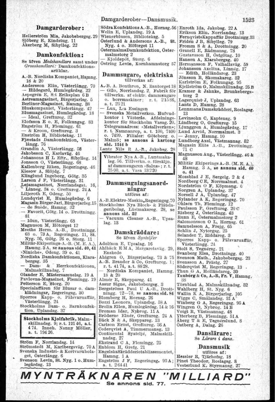 22 A Welin E, Uplandsg. 19 A Erikson ElIn, Norrlandsg. 13 Wienerblu.en, Blblloteksg. 5 FernqvistsKappaffar Drottnirlgg.33 1 Österlund & Andersons A.-B., St. Friden J B, Sibylleg. 79 Nyg. 4 o.