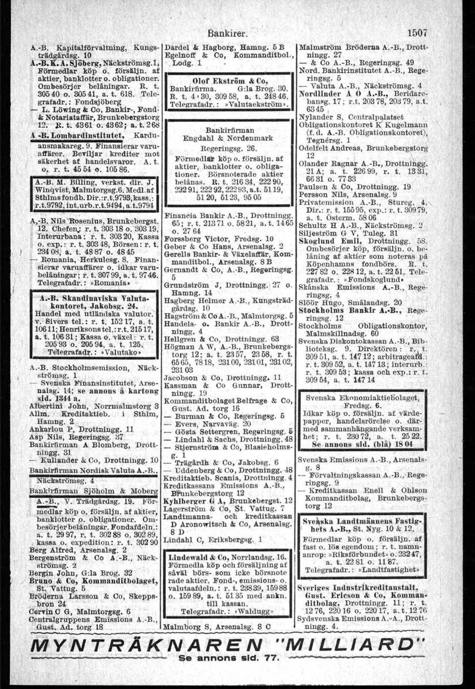 '; Nord -,Bankir-institutet A.-B., Begeaktier, banklotter o. ol;>llgatloner. Olof.Ekström & Co rlngsg. 5, -,,.. " OJ:thesörjer belåningar, R. t. Bankirfirma. G:laBr~g. 30. - Va~uta A.~B.