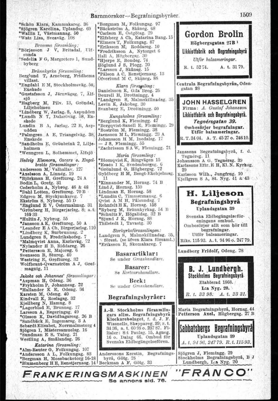 87 Högbergsll'atan 21B 1.:..' ',o"""a (orsamhng.. 'Eriksson M; Roddareg. 10. 'Borjesson J V, BrItadal, Ulf- "Fredriksson A, Nytorget 6 'likkistfabrik och Begrafningsbyrå" *Ssudnl~~F G.., e e,.