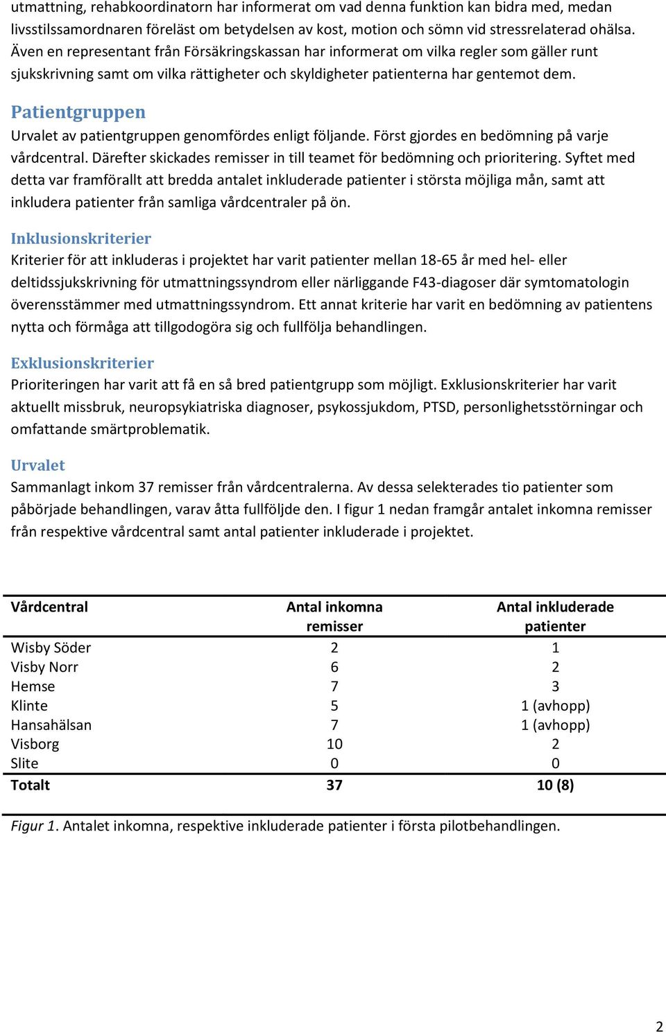 Patientgruppen Urvalet av patientgruppen genomfördes enligt följande. Först gjordes en bedömning på varje vårdcentral. Därefter skickades remisser in till teamet för bedömning och prioritering.