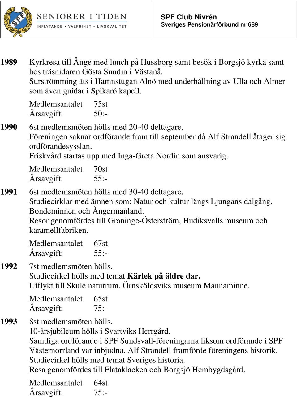 Föreningen saknar ordförande fram till september då Alf Strandell åtager sig ordförandesysslan. Friskvård startas upp med Inga-Greta Nordin som ansvarig.