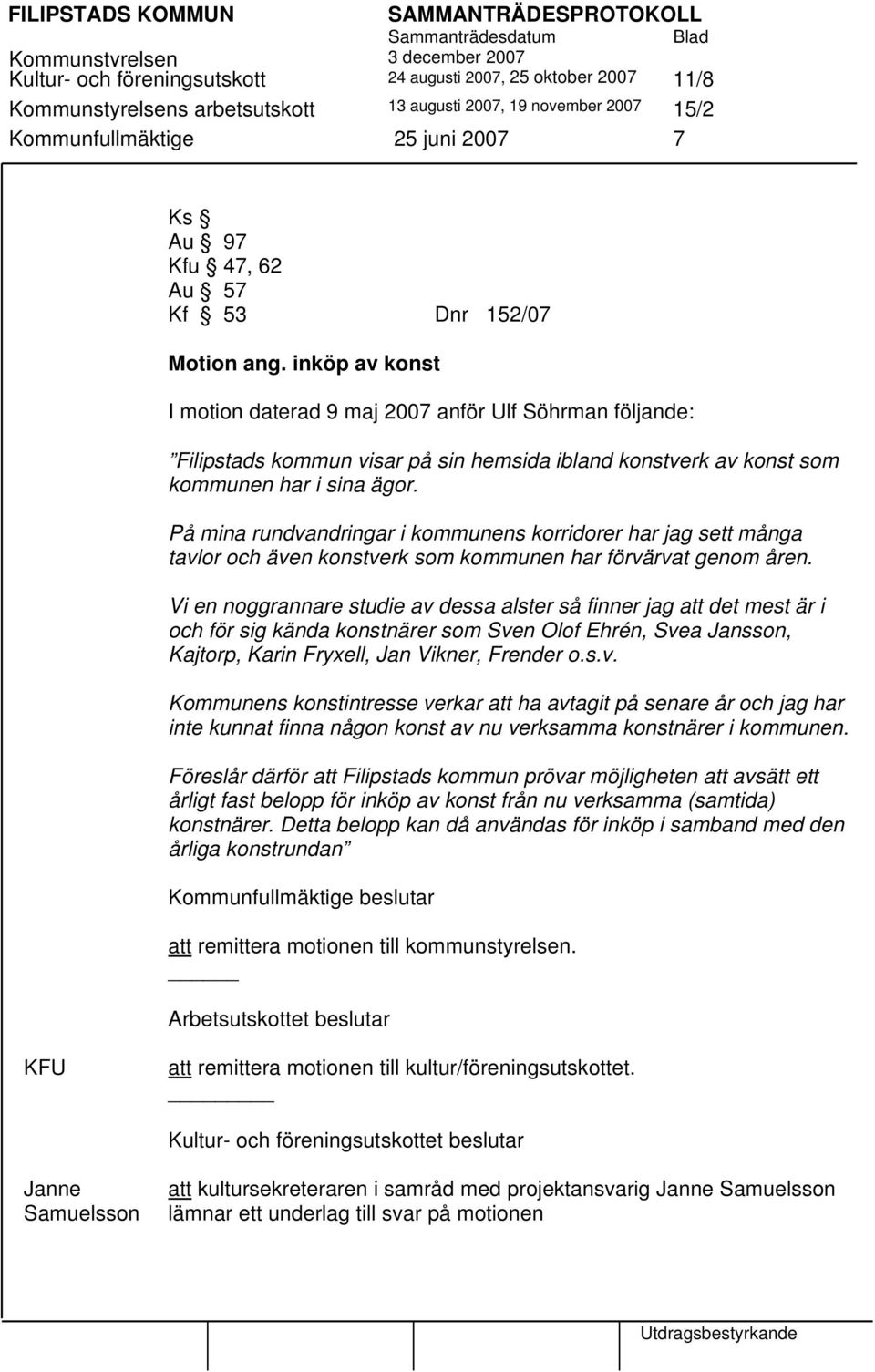 inköp av konst I motion daterad 9 maj 2007 anför Ulf Söhrman följande: Filipstads kommun visar på sin hemsida ibland konstverk av konst som kommunen har i sina ägor.