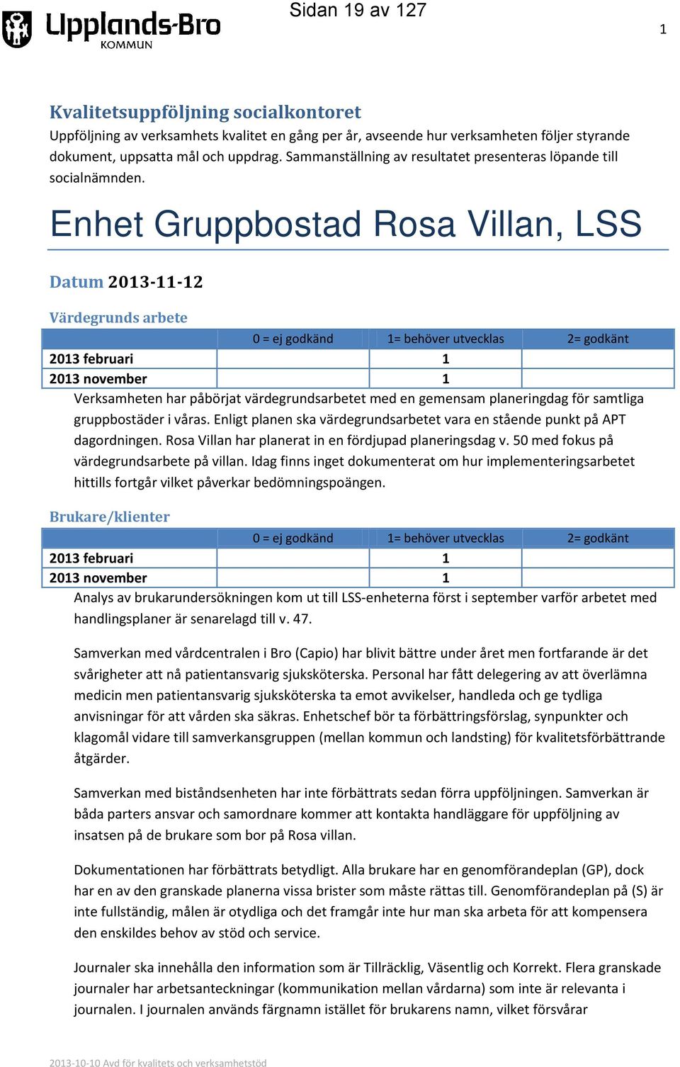 Enhet Gruppbostad Rosa Villan, LSS Datum 2013-11-12 Värdegrunds arbete 0 = ej godkänd 1= behöver utvecklas 2= godkänt 2013 februari 1 2013 november 1 Verksamheten har påbörjat värdegrundsarbetet med