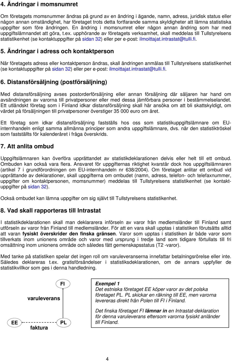 upphörande av företagets verksamhet, skall meddelas till Tullstyrelsens statistikenhet (se kontaktuppgifter på sidan 32) eller per e-post: ilmoittajat.intrastat@tulli.fi. 5.