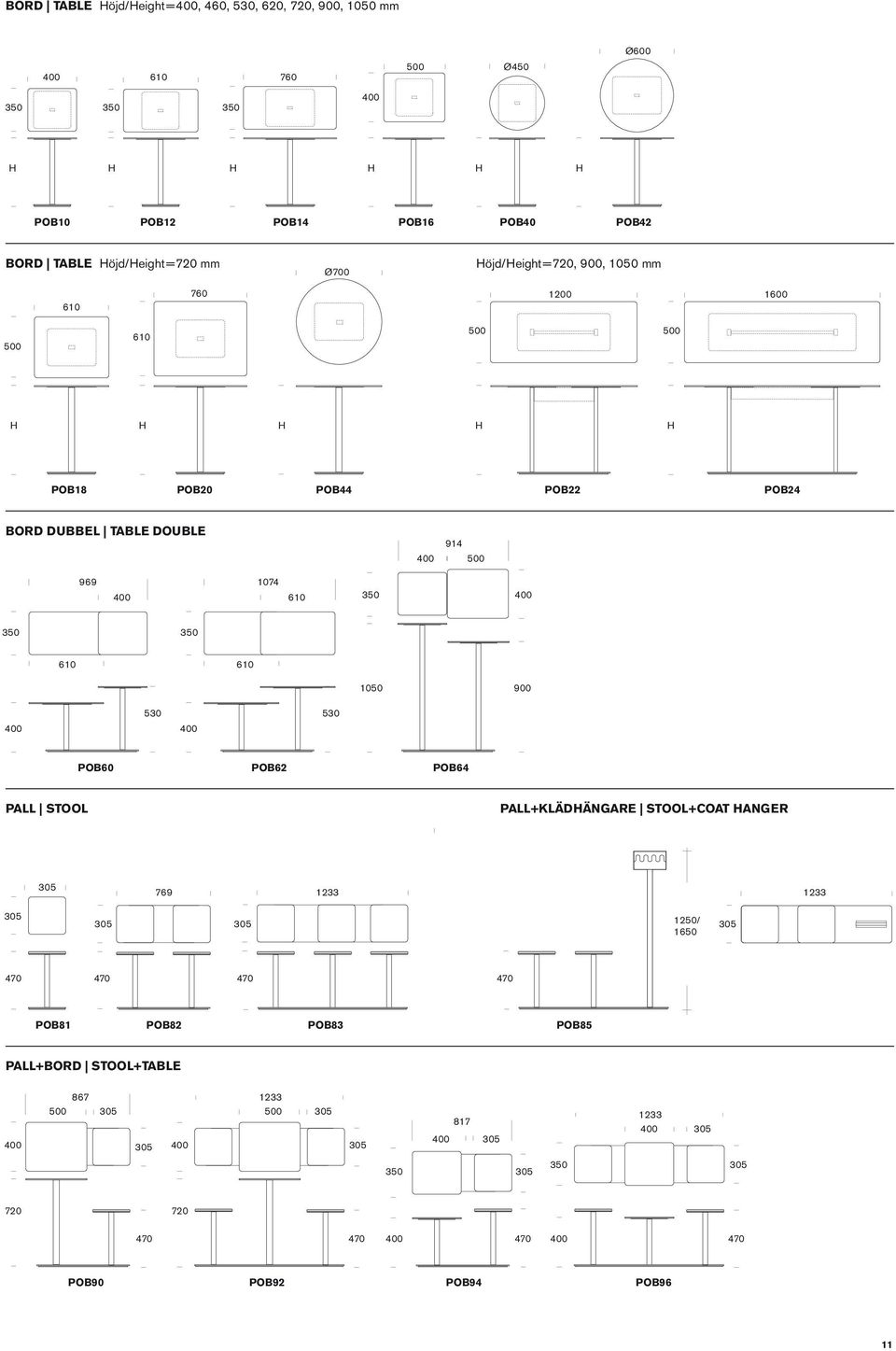 Table double 914 500 969 1074 610 610 610 1050 900 530 530 POB60 POB62 POB64 Pall Stool Pall+klädhängare Stool+coat hanger 769 1233 1233