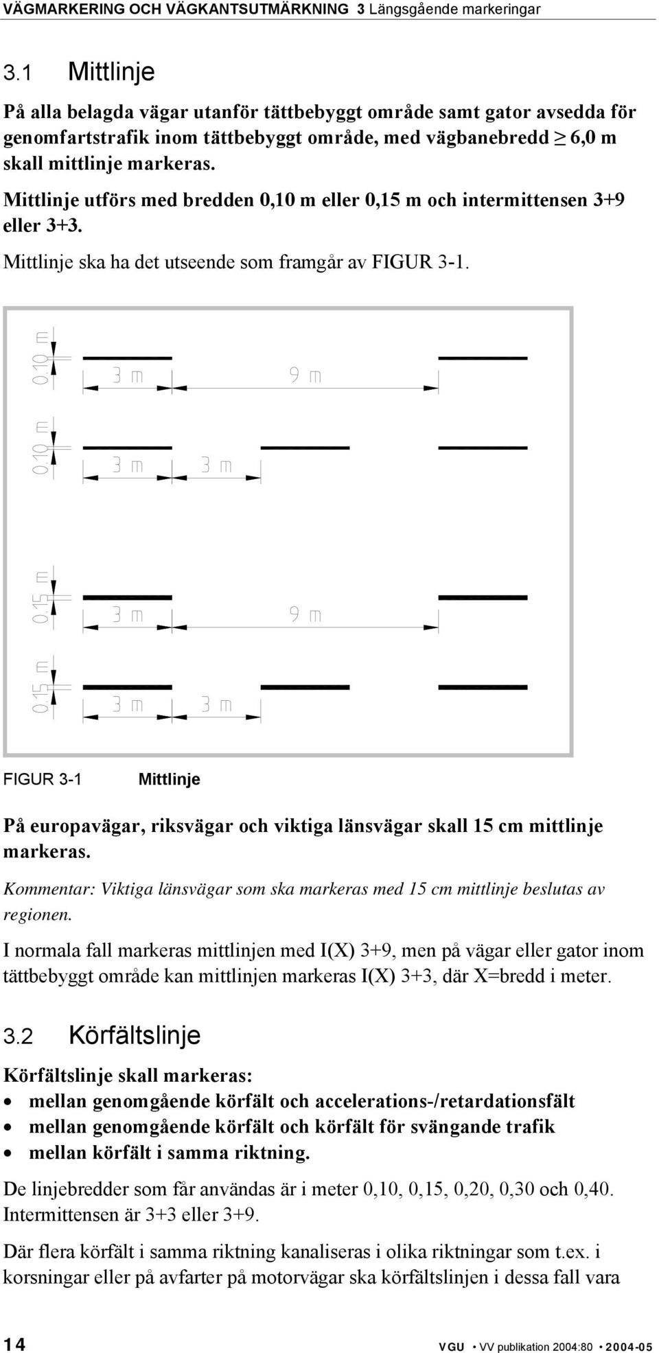 FIGUR 3-1 Mittlinje På europavägar, riksvägar och viktiga länsvägar skall 15 cm mittlinje markeras. Kommentar: Viktiga länsvägar som ska markeras med 15 cm mittlinje beslutas av regionen.