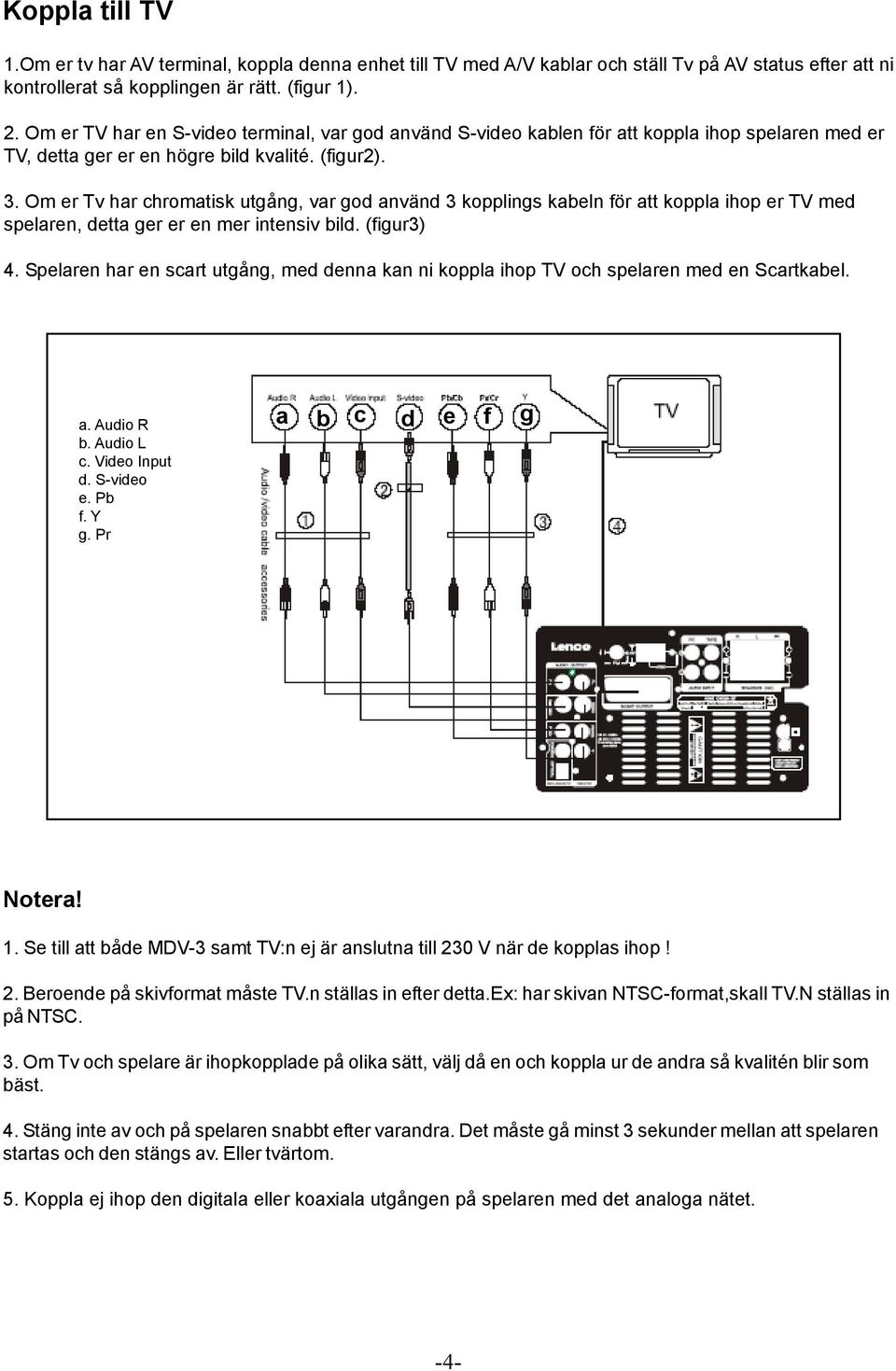 Om er Tv har chromatisk utgång, var god använd 3 kopplings kabeln för att koppla ihop er TV med spelaren, detta ger er en mer intensiv bild. (figur3) 4.