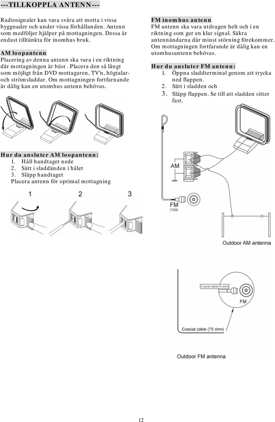 Placera den så långt som möjligt från DVD mottagaren, TV n, högtalaroch strömsladdar. Om mottagningen fortfarnande är dålig kan en utomhus antenn behövas.