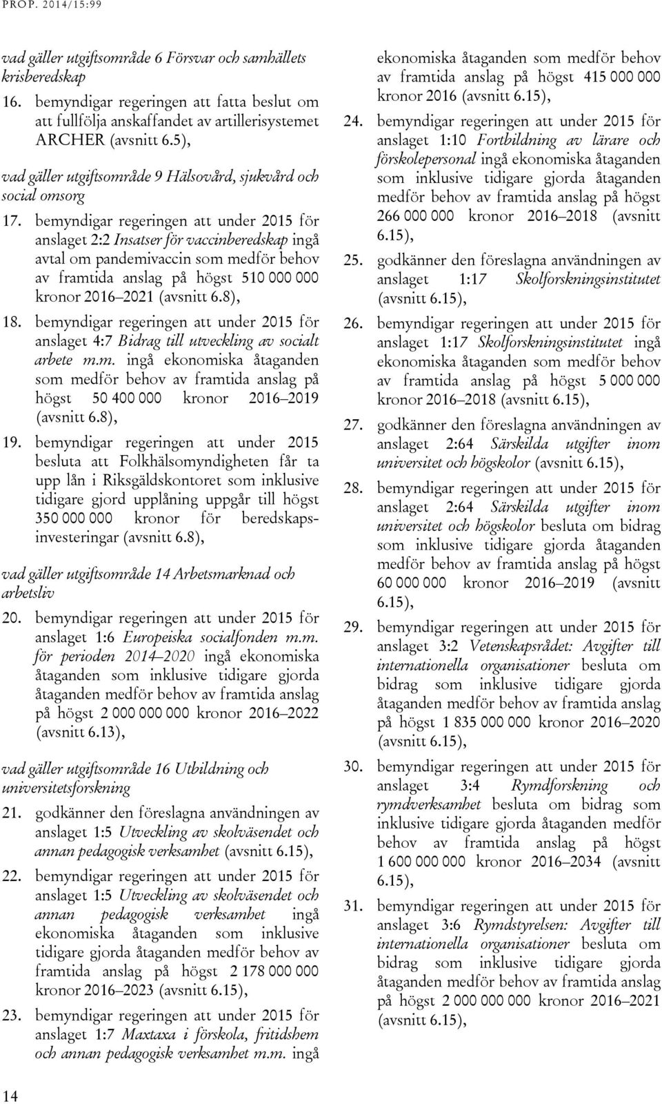 bemyndigar regeringen att under 2015 för anslaget 2:2 Insatser för vaccinberedskap ingå avtal om pandemivaccin som medför behov av framtida anslag på högst 510 000 000 kronor 2016 2021 (avsnitt 6.